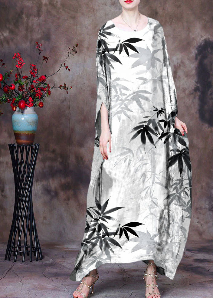Loose Black bamboo O-Neck Asymmetrical Design Print Silk Beach Dress Gown Batwing Sleeve