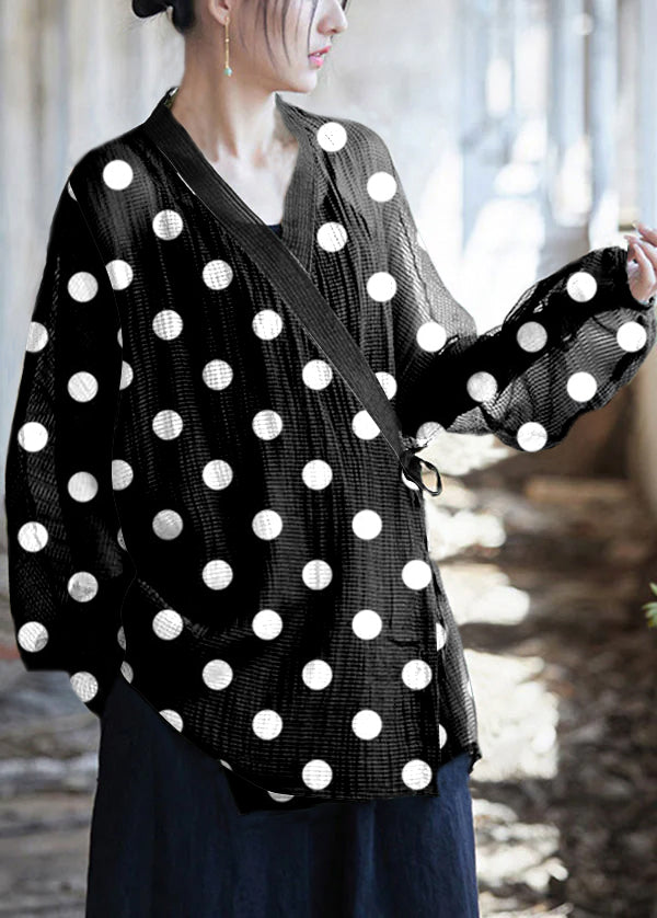 Original Design Black polka dots V Neck Lace Up Cotton Top Summer