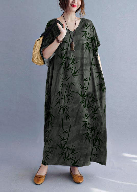 Italian Green lotus V Neck Pockets Print Summer Holiday Dress Short Sleeve