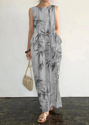 Grace Gray bamboo Print Pockets Long Dresses Sleeveless