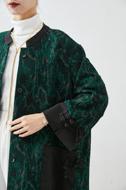 Style Blackish Green Tie Dye Patchwork Chinese Button Mink Velour Trench Fall