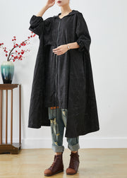 Stylish Black Asymmetrical Oversized Print Drawstring Trench Coats Fall