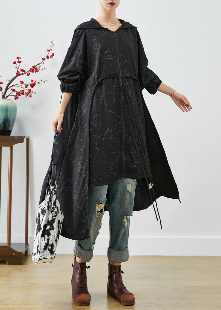 Stylish Black Asymmetrical Oversized Print Drawstring Trench Coats Fall