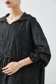 Stylish Black Asymmetrical Oversized Print Drawstring Trench Coats Fall