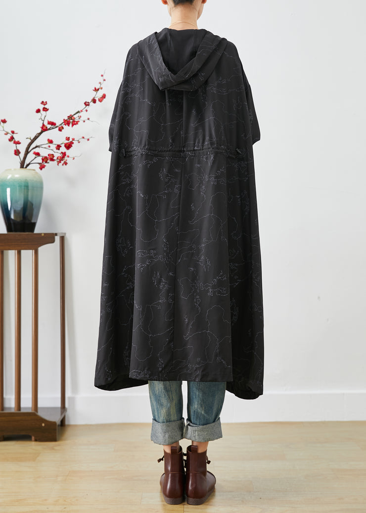 Stylish Black Asymmetrical Oversized Print Drawstring Trench Coats Fall