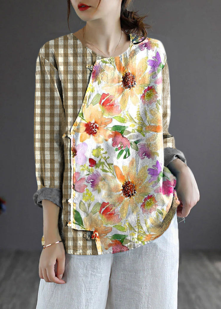 Yellow plaid Loose Linen Shirt Tops Embroidered Long Sleeve