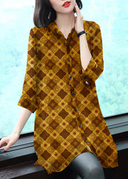 Stylish Yellow-lattice Peter Pan Collar Button Print Chiffon Shirt Tops Summer