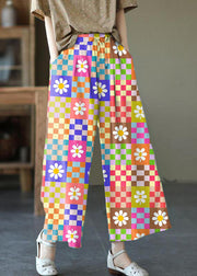 Beautiful Yellow plaid Elastic Waist tie waist Wide Leg Pants Linen