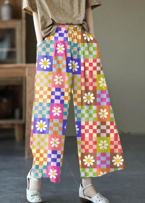 Beautiful Yellow plaid Elastic Waist tie waist Wide Leg Pants Linen