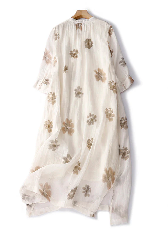 Grace Apricot V Neck Print Linen Long Dresses Summer