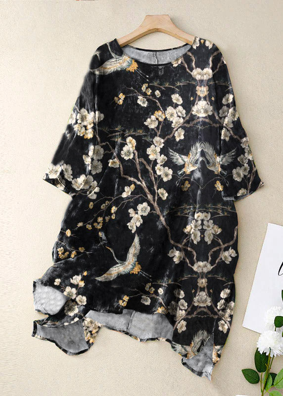 Vintage Black flowers and birds O Neck Print Patchwork Linen Mid Dress Bracelet Sleeve