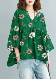 Green Flower V Neck Patchwork Asymmetrical Design Fall Top Three Quarter sleeve