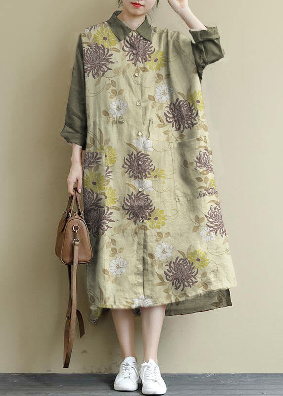 gray flower Linen Shirt Dress Casual Oversize Spring Maxi Dresses