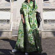 Women Green Flower Print Lapel Bohemian Loose Long Sleeve Maxi Shirt Dress With Pocket