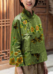 Chinese Style Green Stand Collar button tops Long Sleeve