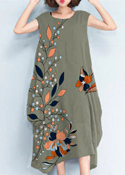 2024 Blue Flowers natural cotton polyester dress oversize sleeveless traveling dress Elegant kaftans