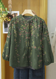 Beautiful Green Flowers Embroideried Button Cotton Blouse Long Sleeve