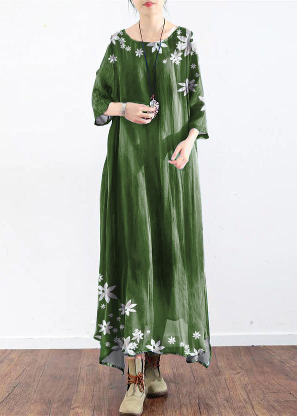 the Green flowers silk dresses plus size causal long silk caftans oversize gowns bracelet sleeves
