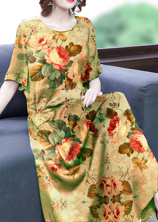Green-Flower Print Silk Long Dress Oversized Pockets Wrinkled Summer