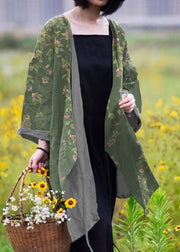 Green Flowers Natural linen top silhouette plus size Casual Pure Color Lacing Long Sleeve Coat