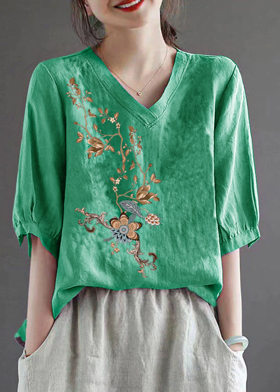 Green geometry V Neck Floral Embroidered T Shirt Half Sleeve
