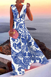 Fashion Simplicity Print Split Joint V Neck A Line Dresses