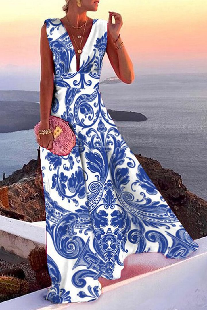 Fashion Simplicity Blue Flowers Split Joint V Neck A Line Dresses