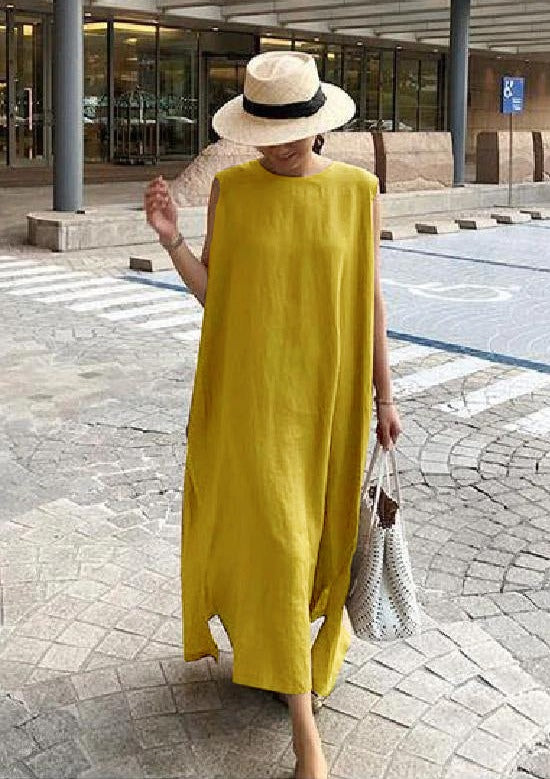 Bohemian O Neck Side Open Linen Cotton Clothes Fabrics Yellow Dress