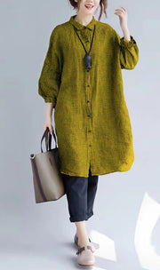 stylish Green Plaid cozy cotton t shirt oversize Turn-down Collar cotton blouses Fine long sleeve tops
