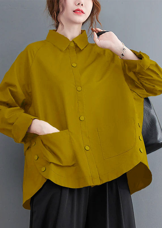 Yellow Patchwork Cotton Shirt Top Oversized Pockets Fall