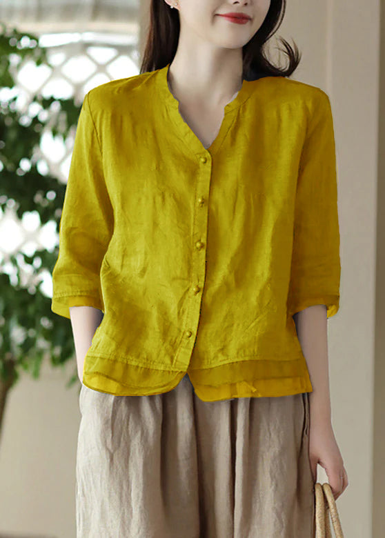 Casual Yellow V Neck Embroidered Solid Ramie Shirt Half Sleeve
