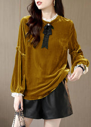 Women Green Ruffled Patchwork Velour Shirt Top Spring