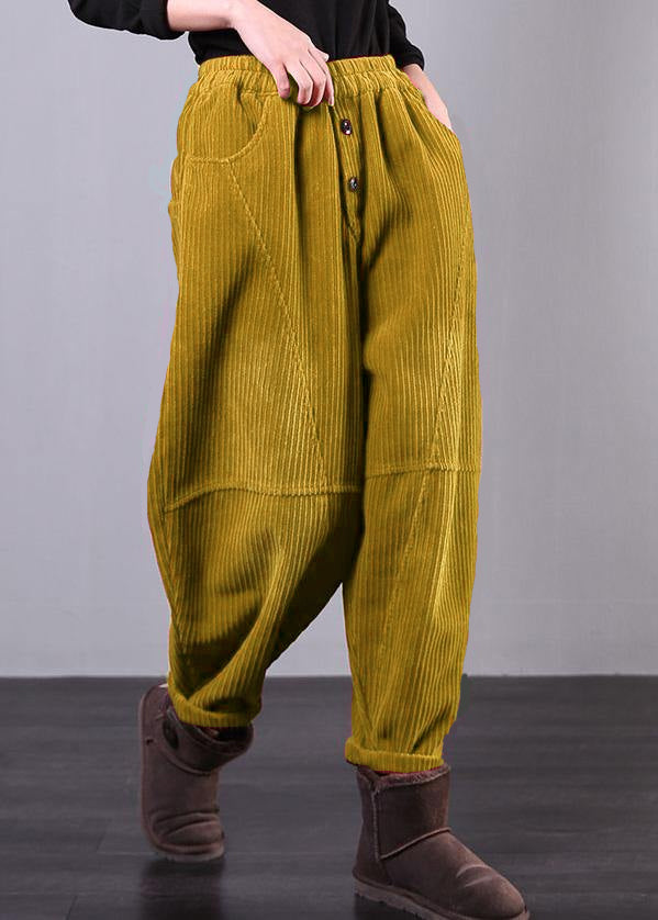 Modern Yellow Women Pants Oversize Fall Corduroy Pockets Cotton Casual Pants