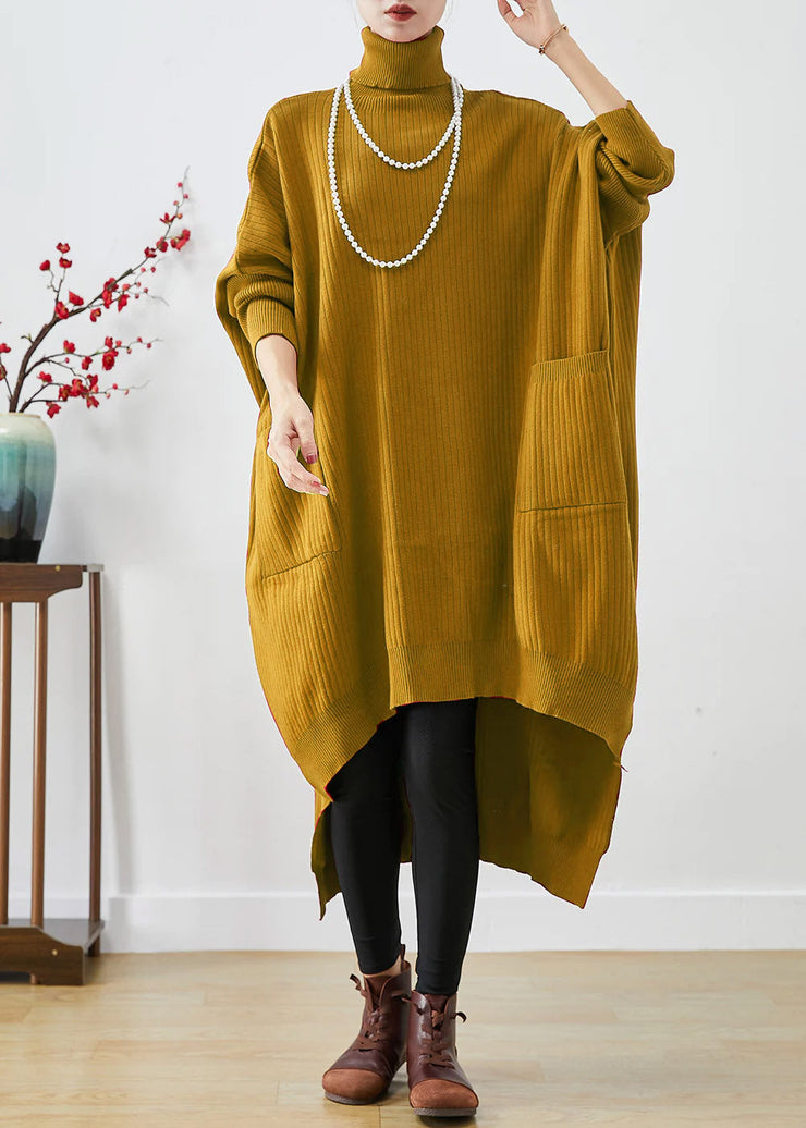 Yellow Oversized Knit Sweater Dress Turtle Neck Asymmetrical Batwing Sleeve