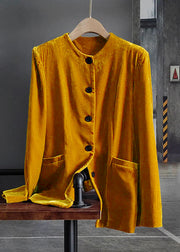Fashion Yellow O-Neck Button Patchwork Silk Velour Coats Spring