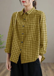 Loose Lapel Patchwork Spring Blouse Sleeve Brown red Plaid Top