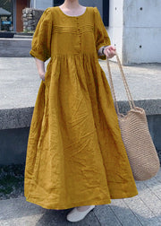 Mulberry Patchwork Linen Dress O Neck Wrinkled Short Sleeve