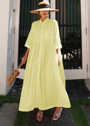 Bohemian Yellow Peter Pan Collar Striped Button Pockets Wrinkled Long Dresses Half Sleeve