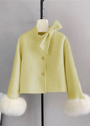 New Pink Wool Bow Button Fox Hair Cuff Short Coat Winter