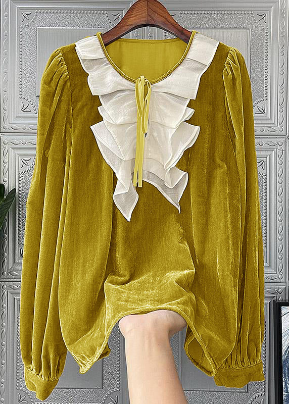 Loose Yellow Ruffled Lace Up Patchwork Silk Velour Top Fall