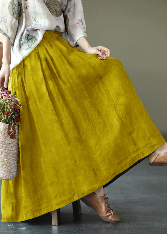 Women yellow Print Ramie Elastic Waist Skirt