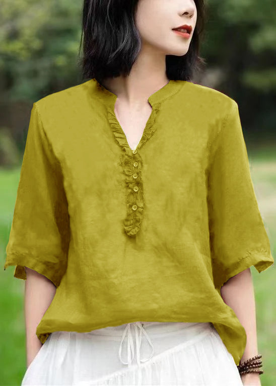Unique Pure Green V Neck Embroidered Patchwork Linen T Shirts Half Sleeve