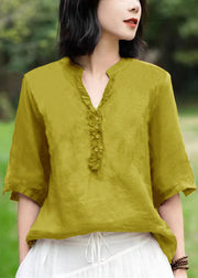 Unique Mulberry V Neck Embroidered Patchwork Linen T Shirts Half Sleeve