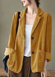 Loose Orange Yellow button pockets Peter Pan Collar Corduroy Coat Long Sleeve