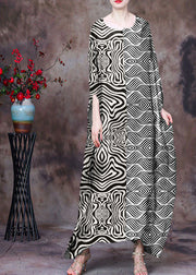 Loose Black text O-Neck Asymmetrical Design Print Silk Beach Dress Gown Batwing Sleeve