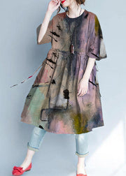 Italian Purple polka dots linen quilting dresses ruffles loose summer Dress