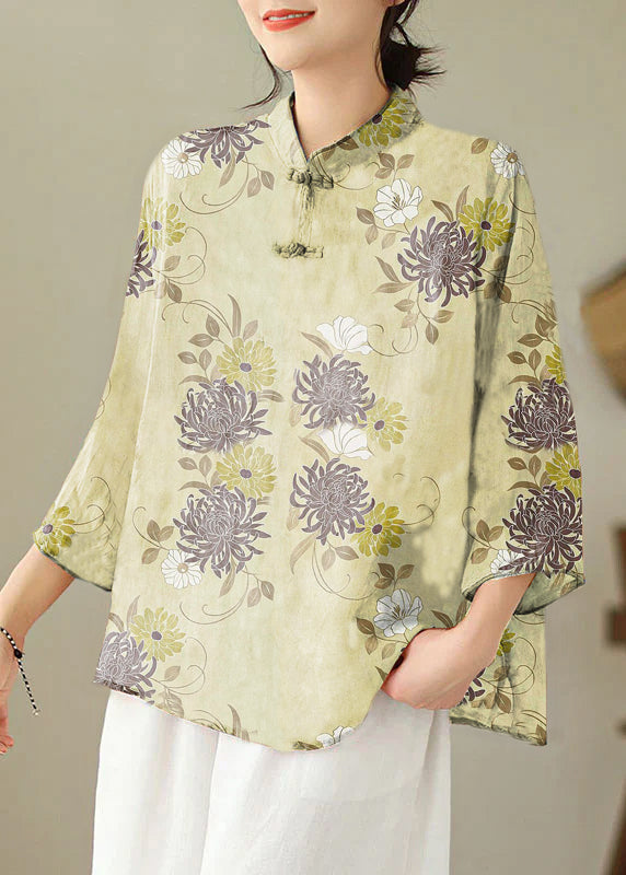 Loose Yellow chrysanthemum Stand Collar Embroideried Print Cotton Shirt Bracelet Sleeve
