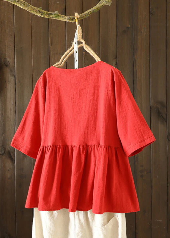 Grace Red V Neck Embroideried Lace Up Wrinkled Patchwork Linen Tops Short Sleeve