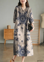 Blue Print10 Loose Linen Long Dresses Button Solid Half Sleeve
