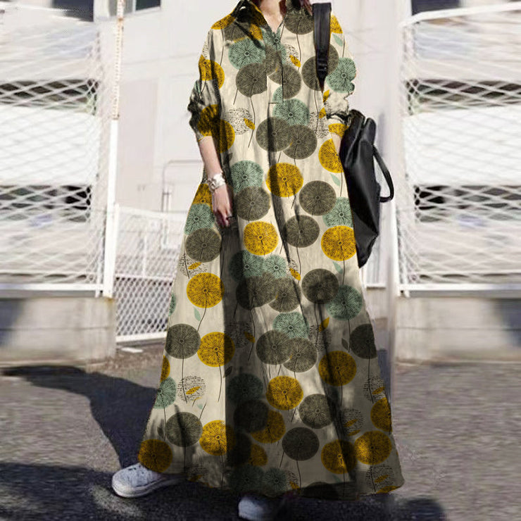 Women Green Flower Print Lapel Bohemian Loose Long Sleeve Maxi Shirt Dress With Pocket